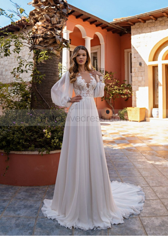 Beaded Long Sleeve Ivory Lace Chiffon Boho Wedding Dress